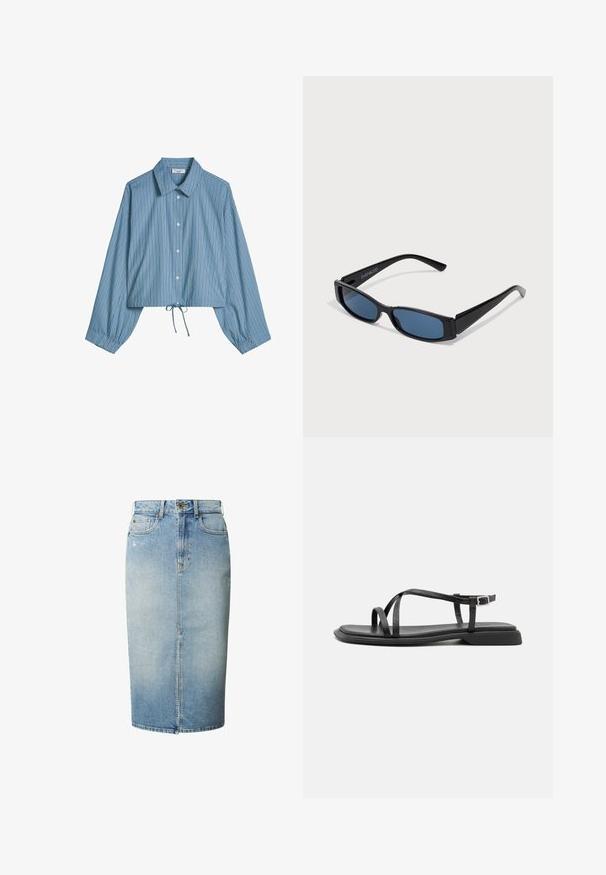 Blauw overhemd met lange mouwen, knoopsluiting, witte en zwarte verticale strepen, kraag, elastische manchetten en een verstelbare zoom met trekkoord.; Lichtblauwe denim kokerrok met voorliggende split, riemlussen, knoopsluiting en vijfzakkenstijl.; Zwarte platte sandalen met dunne verstelbare bandjes, rechthoekige teenpost en een gestructureerde matte afwerking. Voorzien van een lage, licht vierkante hak.; Zwarte zonnebril met een slank rechthoekig frame en blauwe lenzen. Heeft een gladde textuur en stevige pootjes. Merklogo aan de zijkant.