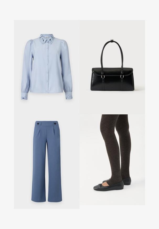 Chemise bleu clair à boutons avec col et poignets brodés de fleurs, manches longues et coupe légèrement ample. Texture lisse.; Pantalons larges bleus en tissu lisse, avec une taille plate, deux plis et deux boutons noirs à la taille.; Jambes portant des leggings côtelés foncés associés à des ballerines noires avec de petits détails en nœud sur fond blanc.; Sac à main rectangulaire en cuir noir avec fermeture à rabat et deux longues anses sur fond blanc uni.