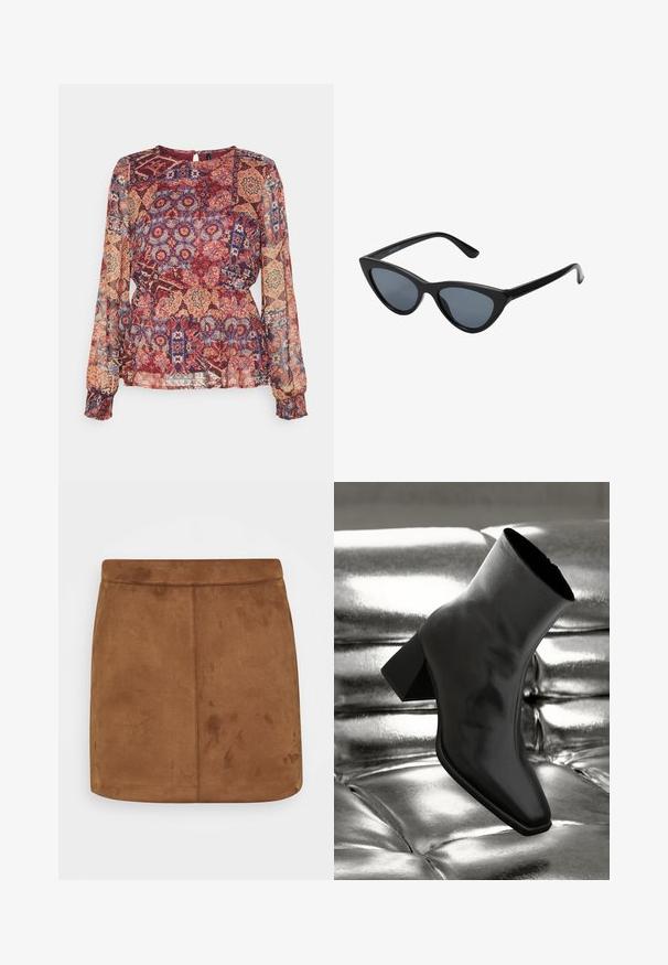 Vero Moda Petite VMPHILINE O NECK - Bluse - sundried tomate; Brun ruskinds mini-skirt med en glat tekstur, lige snit og en sømløs talje, der har et minimalistisk design uden mønstre eller udsmykninger.; Sorte ankelstøvler lavet af glossy materiale med firkantet tå og spidse hæle, sat mod en skinnende sølv tuftet baggrund.; Sorte katteøje solbriller med mørkegrå linser, slankt plastisk stel, spidse hjørner og lige stænger. Ingen synlig hardware eller dekorationer.