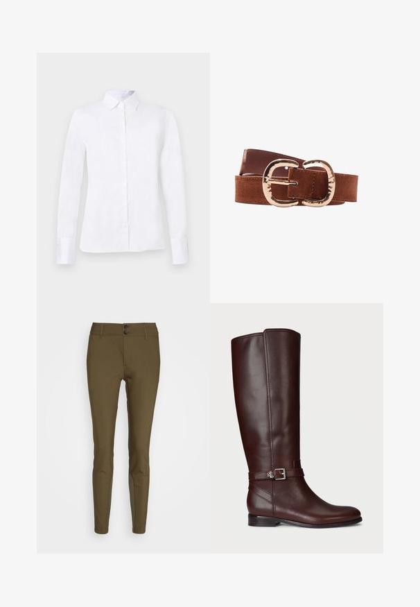 Witte blouse met lange mouwen, knoopsluiting, puntige kraag en een aangesloten silhouet, afgebeeld op een effen lichtgrijze achtergrond.; Olijfgroene broeken met een slim fit, voorzien van twee knopen aan de voorkant, riemlussen en een gladde textuur met accenten in de zijpanelen.; Bruine leren kniehoog laars met een gladde textuur, zilverkleurige gesp als accent en een lage, gestapelde hak. Bevat subtiele stikdetails.; Bruine suède riem met een grote hamerslag goudkleurige dubbele gesp, opgerold op een witte achtergrond.