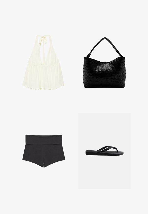 Top sans manches blanc avec col halter plongeant en V, fermeture à nouer au cou, coupe ample et petit galon à pompons le long de l'ourlet.; Shorts noirs taille haute et ajustés avec une large ceinture et une petite fente à l'avant de chaque jambe, présentés sur un fond blanc.; Sandale tong noire en caoutchouc avec semelle texturée et brides lisses, vue de côté sur un fond gris clair uni.; Sac à main tissé noir avec une anse unique tressée, forme rectangulaire et surface texturée brillante.