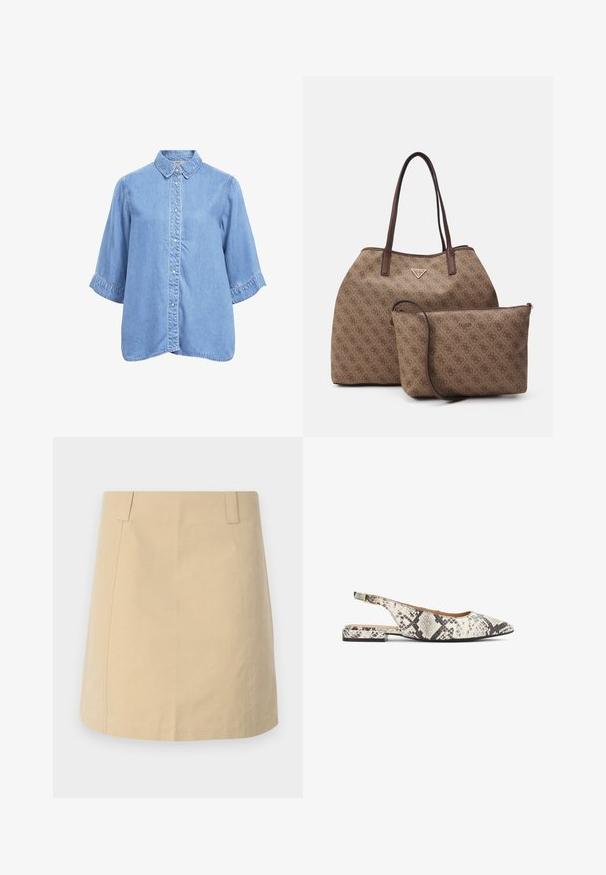Lyseblå denimskjorte med knapper, korte og brede ærmer samt en spids krave, vist mod en hvid baggrund.; Beige bomuldsnederdel med en lige form, der har frontfald, sidelommer og syede detaljer langs sømmene.; Flade slingback-sko med spids snude i hvid og sort slangeprint, med lav blokhæl og guldbeklædt spænde på remmen.; Brun monogrammeret tote bag med et præget mønster, der har brune håndtag og en lille matchende lynlåspose. Guld logo detalje.