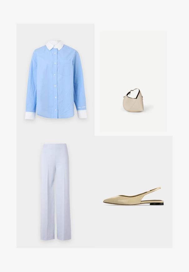 Chemise boutonnée bleu clair avec col blanc, manches longues, poche poitrine et accents de poignets blancs. Tissu en coton doux, design minimaliste.; Pantalons larges bleu clair en tissu doux, dotés d'une taille haute et de plis avant pour plus de structure.; Chaussure plate beige à bout pointu avec bride arrière, petit talon noir et finition en cuir lisse, vue de côté sur un fond uni.; Sac à main en cuir beige en forme de croissant avec une seule bandoulière et des coutures minimalistes, posé sur un fond blanc uni.