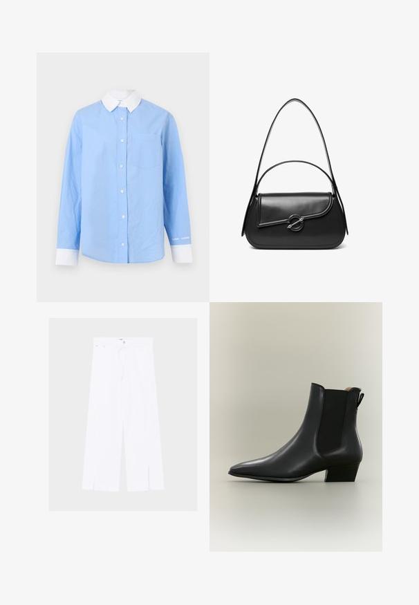 Hellblaues Hemd mit Knopfleiste, weißem Kragen, langen Ärmeln, Brusttasche und weißen Manschettenakzenten. Weicher Baumwollstoff, minimalistisches Design.; Weiße Hose mit weitem Bein, vorderen Schlitzen am Saum, Knopf- und Reißverschluss sowie schmalem Bund mit Gürtelschlaufen.; Schwarzer Leder-Stiefelette mit spitzer Kappe, niedrigem Blockabsatz, elastischem Seiteneinsatz und hinterer Zuglasche auf neutralem Hintergrund.; Schwarze Lederschultertasche mit einer geschwungenen Klappe, die durch einen runden Metallverschluss gesichert ist, und einem schlanken, verstellbaren Riemen.