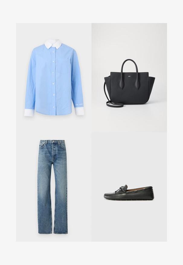 Hellblaues Hemd mit Knopfleiste, weißem Kragen, langen Ärmeln, Brusttasche und weißen Manschettenakzenten. Weicher Baumwollstoff, minimalistisches Design.; Helle blaue, hochgeschnittene Jeans mit geradem Bein, aus Denim-Stoff gefertigt. Verfügt über den klassischen Fünf-Taschen-Stil und silberne Beschläge.; Schwarze Lederbootsschuhe mit rundem Zehenbereich, gestickten Details, kleinem Schleifenakzent und Gummisohle. Glatte Textur und schlankes Design.; Schwarze Tragetasche aus strukturiertem Material, mit zwei Griffen und einem abnehmbaren Schultergurt. Logoakzent auf der Vorderseite.