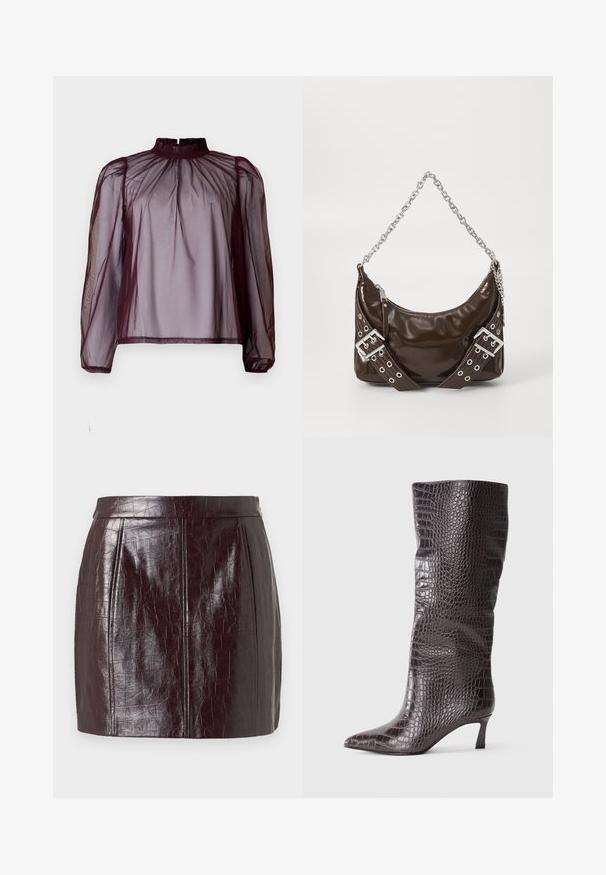 Bordeaux doorschijnende blouse met een hoge hals, lange mouwen en ruches. De stof lijkt lichtgewicht en heeft een soepele textuur.; Bordeaux neplederen rok met een gestructureerd krokodillenpatroon, met een hoge taille en twee verticale naden voor structuur.; Bruine neplederen kniehoog boots met een krokodillenprint, spitse neus en een korte, gestapelde hak. Gladde textuur, slank ontwerp.; Donkerbruin gepolijst leren handtas met een zilveren kettingriem, decoratieve dubbele gespriemen, en ritssluiting.