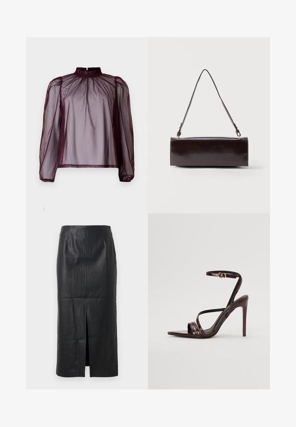 Blusa burgundy transparente con cuello alto, mangas largas y detalles fruncidos. La tela parece ligera con una textura suave.; Falda midi de cuero negro con una abertura frontal, textura suave, diseño ajustado y un sutil detalle de costura en la parte delantera.; Sandalia de tacón alto de charol burdeos con tira en el tobillo, punta afilada y tres tiras horizontales en el pie. Detalle de hebilla en tono dorado.; Bolso rectangular de cuero negro con una sola correa larga y acabado brillante, exhibido sobre un fondo blanco liso.