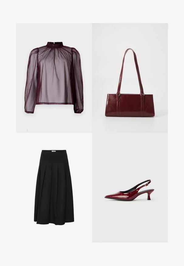 Bordeaux doorschijnende blouse met een hoge hals, lange mouwen en ruches. De stof lijkt lichtgewicht en heeft een soepele textuur.; Zwarte plissé midi rok gemaakt van gladde stof. Heeft een hoge taille en een vloeiende silhouet met netjes gestikte plooien.; Bordeaux patent leren slingback hakken met een puntige neus en een slanke stilettostonk. Ontwerp met open achterkant en verstelbare enkelriem.; Bourgondische handtas van glanzend materiaal, rechthoekige vorm, met twee schouderbanden en subtiele gebogen accenten aan de voorkant.