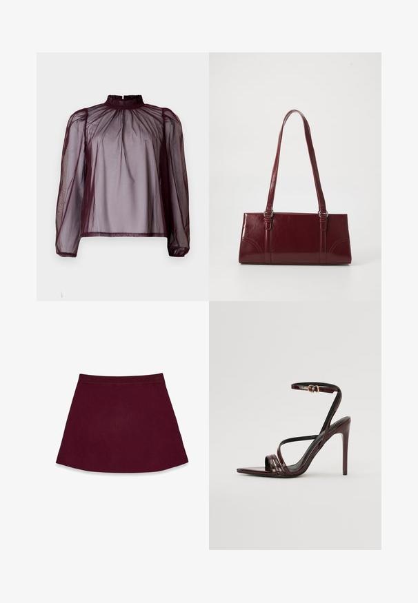 Blusa burgundy transparente con cuello alto, mangas largas y detalles fruncidos. La tela parece ligera con una textura suave.; Falda burdeos con una cinturilla elástica y un dobladillo acampanado. Textura suave, con un diseño sencillo y sólido sin patrones ni adornos.; Sandalia de tacón alto de charol burdeos con tira en el tobillo, punta afilada y tres tiras horizontales en el pie. Detalle de hebilla en tono dorado.; Bolso burdeos hecho de material brillante, de forma rectangular, con dos asas para el hombro y sutiles acentos curvados en la parte frontal.