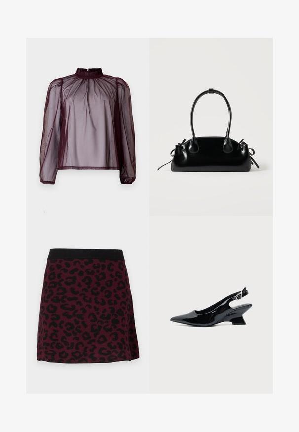 Blouse en voile bourgogne avec un col montant, des manches longues et des détails froncés. Le tissu semble léger avec une texture lisse.; Mini-jupe bordeaux avec motif léopard noir et ceinture élastique noire unie sur fond neutre.; Chaussure slingback en cuir verni noir avec bout pointu et petit talon bloc incliné sur fond clair uni.; Petit sac à main noir brillant avec deux longues anses et des détails à cordon sur les côtés sur un fond clair uni.