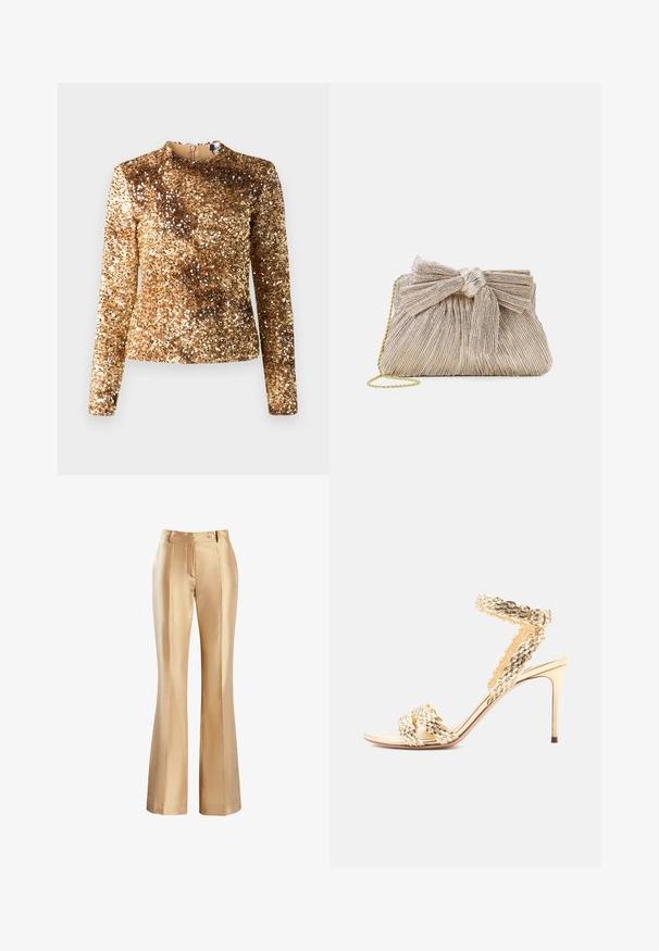 Top de lentejuelas doradas de manga larga con escote alto y silueta ajustada. Textura suave, patrón brillante uniforme, cremallera trasera oculta.; Pantalones acampanados de satén beige con una textura suave, que cuentan con una cremallera frontal y cierre con un solo botón. Dos bolsillos laterales y detalle de pliegues.; Sandalia de tacón alto dorada con tiras tejidas texturizadas, hebilla en el tobillo y tacón de aguja delgado sobre fondo blanco.; Bolso de mano metálico dorado con tela plisada, que presenta un detalle de lazo en la parte superior y una cadena dorada para mayor versatilidad y facilidad de transporte.