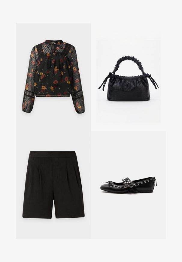 Blusa negra transparente de manga larga con un patrón floral multicolor, detalles de encaje, textura de puntos y un cuello con borlas atadas.; Pantalones cortos negros de tela suave, con una textura lisa, cintura elástica y diseño frontal plisado. Simples y sin adornos.; Zapato de ballet plano negro con correas de doble hebilla, ojales plateados y un pequeño lazo cerca de la puntera redondeada sobre un fondo blanco.; Bolso negro con textura de cocodrilo, borde superior fruncido, asa recogida y cordones con borlas en cada lado sobre un fondo blanco.