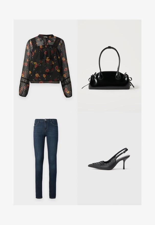Zwarte doorschijnende blouse met lange mouwen, multicolore bloemenpatroon, kantdetails, stiptextuur en een geknoopte franjesluiting aan de hals.; Donkerblauwe slim-fit jeans met voor- en achterzakken, knoopsluiting en een subtiele vervaging op de dijen.; Zwarte leren slingback stiletto met spitse neus, zijgesp met gesp, studs langs de rand en decoratieve veters aan de voorkant.; Kleine zwarte glanzende handtas met twee lange hengsels en zijkant trekkoord details op een effen lichte achtergrond.