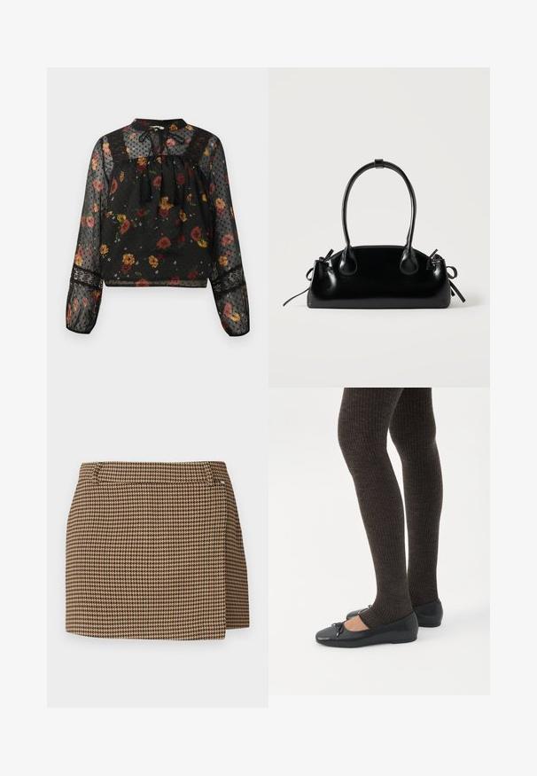 Must mustrilise piks riidest ovitupuga, millel on mitmevärviline lillemuster, pitsdetailid, täppide tekstuur ja seotud tassi kael.; Pruun ja beež houndstooth-mustriga mini seelik, millel on kerge kätkene ja vöökohad, valgel taustal.; Jalad seljas tumedad soonelises soonelises kombines mustade baleriinadega, millel on väikesed paelade detailid valgel taustal.; Väike must läikiv käekott kahe pika sangaga ja külgedel paelakinnitustega, ühel lihtsal helel taustal.