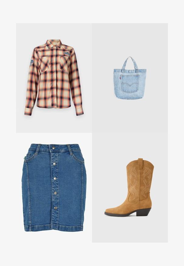 Pikkade varrukatega ruuduline särk oranži, beeži ja musta ruuduga, kahe rinnatasku, krae ja kaubamärgi plaastritega rinnal ja varrukal.; Denim seelik, millel on eesnupud, keha lähedane lõige, helesinine värv ja diskreetsed õmblused.; Tannerohe sametisest materjalist cowboy-saabas, millel on terav nina, dekoratiivsed keerutava mustriga õmblused, keskmise kõrgusega konts ja tõmblint hõlpsaks jalga panemiseks.; Hele sinise teksariidest kandekott kahe sangaga ja esisülega, millel on oranž õmblus ja väike punane kangast silt.