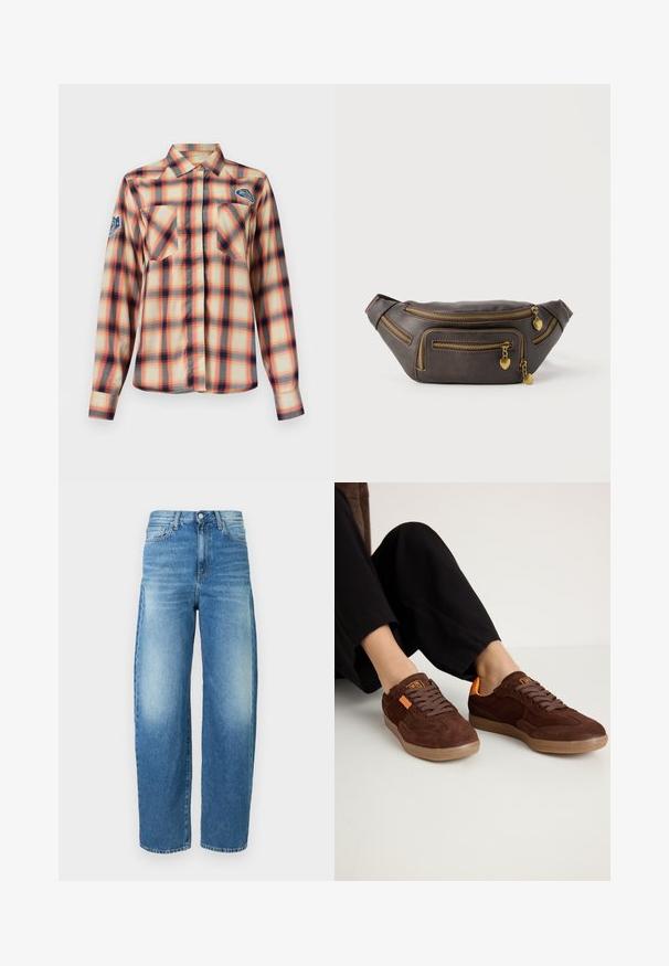 Chemise à manches longues à carreaux orange, beige et noir, avec deux poches poitrine à l'avant, un col et des écussons de marque sur la poitrine et la manche.; Jean en denim bleu clair avec une taille haute et une coupe large. Présente un léger effet délavé, un style classique à cinq poches et une fermeture à bouton.; Baskets en daim marron avec un bout rond, un dessus texturé et des accents orange. Elles présentent des lacets plats et une semelle en caoutchouc.; Sac banane en cuir brun foncé avec plusieurs fermetures éclair en or, chacune ornée d'un petit pendentif en forme de cœur.