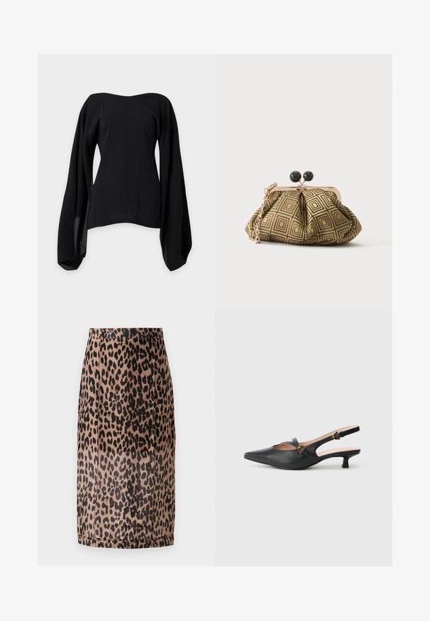 Schwarze schulterfreie Bluse mit weiten, fließenden langen Ärmeln und tailliertem Schnitt, dargestellt auf einem schlichten hellgrauen Hintergrund.; Bleistiftrock im Leopardenmuster in Beige und Schwarz. Glattes Material, taillierte Passform mit knielanger Schnittführung und verstecktem Bund. Keine sichtbaren Verschlüsse.; Schwarzer Slingback-Pumps aus Leder mit spitzer Zehenpartie, niedrigem Absatz, Cut-out-Design und goldfarbenem Schnallendetail am Riemen.; Kleine Clutch mit goldenem und schwarzem geometrischem Muster, goldfarbenem Metallrahmen, schwarzem Kugelverschluss und kurzem goldfarbenem Kettenriemen.