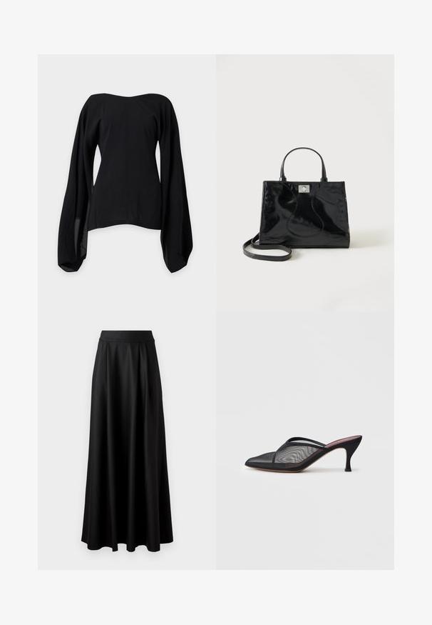 Must off-shoulder pluus laia, voolava pikkade varrukatega ja istuva vöökohaga, esitatud lihtsa helehalli taustaga.; Mustmust pikk, must seelik, millel on sile tekstuur, lai vöökoht ja volditud disain, ilma nähtavate mustrite või kaunistusteta.; Mustad mustridest muulid terava varbaga, õhukeste rihmadega ja 3-tollise stiilse kontsaga. Omab läbipaistvat tekstuuri ja ühtlast tooni tallat.; Mustast lakknahast käekott ümarate sangadega, eemaldatava õlarihma ja hõbedase kinnitusega ühtlasel valgel taustal.