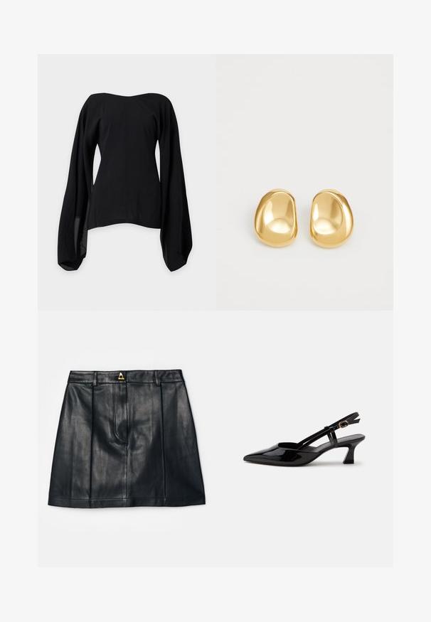 Blouse noire épaules dénudées avec larges manches longues fluides et taille cintrée, présentée sur un fond gris clair uni.; AERON RUDENS SKIRT - Jupe trapèze - black; Chaussure slingback en cuir verni noir à petit talon, bout pointu et bride réglable avec boucle dorée sur fond blanc.; Boucles d'oreilles en forme de clou de couleur or, avec une forme lisse et arrondie et une surface réfléchissante, mettant en avant un design minimaliste sans motifs visibles.