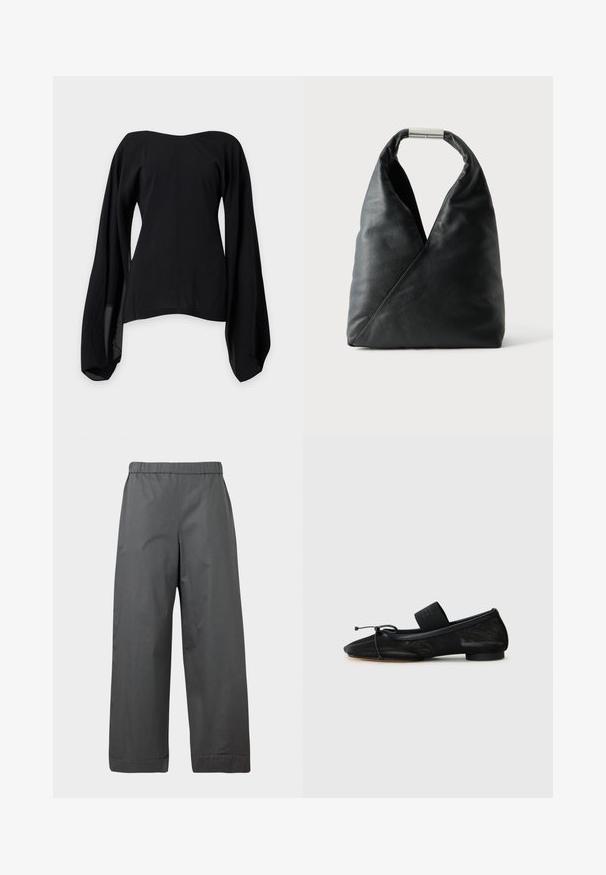 Blouse noire épaules dénudées avec larges manches longues fluides et taille cintrée, présentée sur un fond gris clair uni.; Pantalon gris foncé à jambes larges avec taille élastique et ourlets retroussés, présenté sur un fond neutre.; Chaussure plate noire avec un bout pointu, fabriquée en tissu texturé, avec un accent à nœud et un petit talon rond. Sangle élastique au niveau de la cheville.; Sac à main en cuir noir avec une forme triangulaire douce et une poignée à fermoir métallique argenté sur fond blanc uni.