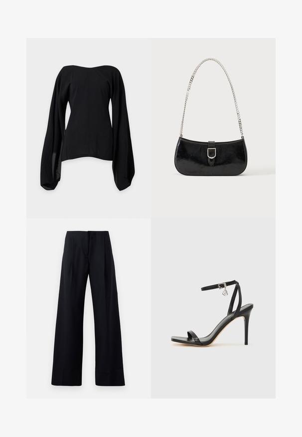 Blouse noire épaules dénudées avec larges manches longues fluides et taille cintrée, présentée sur un fond gris clair uni.; Pantalon noir à rayures fines avec une coupe évasée, présentant des plis marqués et une finition soignée. Fabriqué à partir d'un tissu lisse et léger.; Sandale à talon haut noire avec une bride étroite à la cheville, bout carré, cuir lisse et accent de boucle métallique.; Sac à épaule en cuir verni noir avec détail de boucle argentée et bandoulière en chaîne argentée, présenté sur un fond uni clair.