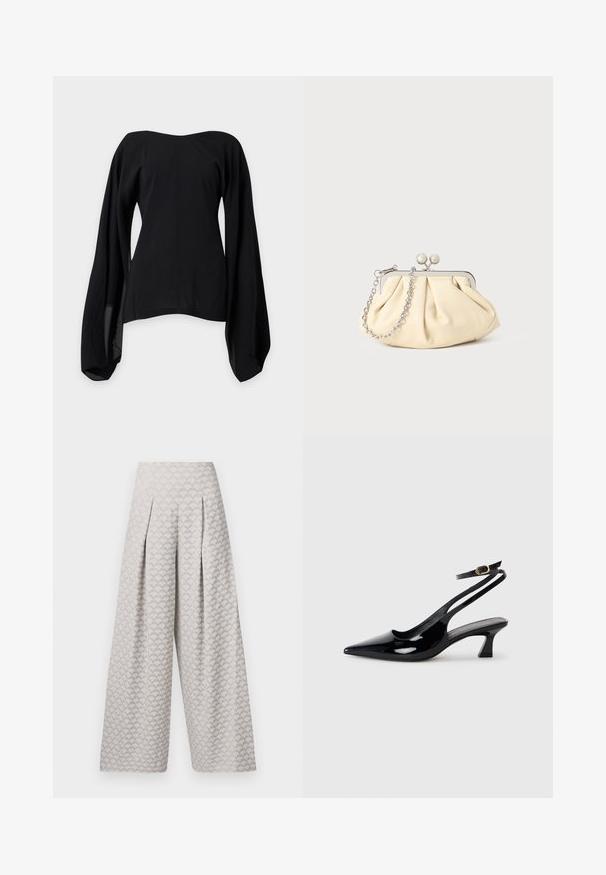Zwarte off-shoulder blouse met brede, vloeiende lange mouwen en een aansluitende taille, afgebeeld op een effen lichtgrijze achtergrond.; Lichtgrijze wijde broek met een textuurpatroon dat lijkt op kleine driehoeken, met een hoge taille en plooien voor extra structuur.; Zwarte gepatineerde leren slingback hakken met een puntige neus, lage blokhak en een verstelbare enkelband met een gouden gespsluiting.; Geplooide beige leren clutch met een zilveren metalen frame, voorzien van twee ronde decoratieve sluitingen en een zilveren kettingriem.