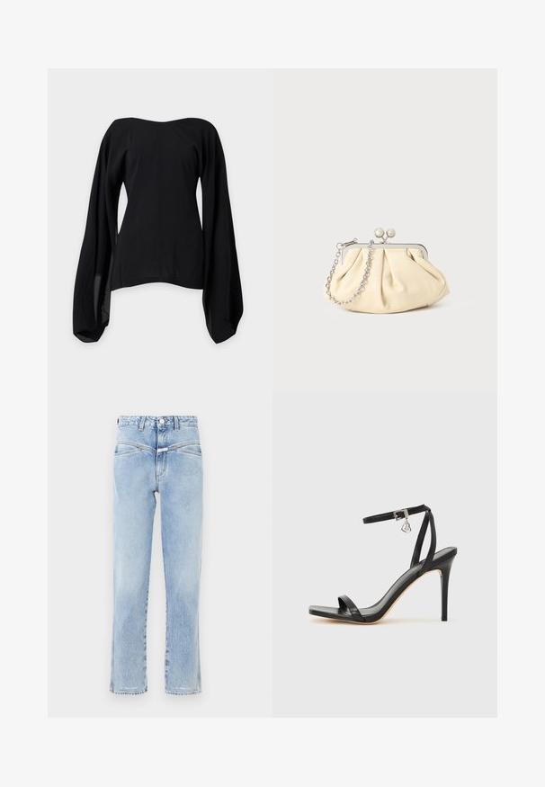 Schwarze schulterfreie Bluse mit weiten, fließenden langen Ärmeln und tailliertem Schnitt, dargestellt auf einem schlichten hellgrauen Hintergrund.; Hellblaue Denim-Jeans mit hoher Taille und geradem Schnitt. Verfügt über dezente Ausbleichungen, klassisches Fünf-Taschen-Design und einen Metallknopfverschluss.; Schwarze High-Heel-Sandale mit schmalem Knöchelriemen, quadratischer Zehenbox, glattem Leder und metallischem Schnallenakzent.; Faltige beigefarbene Ledertasche mit einem silbernen Metallrahmen, ausgestattet mit zwei runden dekorativen Verschlüssen und einem silbernen Kettenriemen.