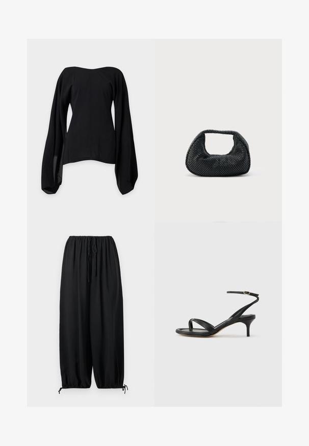Black off-shoulder blouse with wide, flowing long sleeves and a fitted waist, displayed on a plain light gray background.; Loose black pants with elastic waistband and drawstrings at waist and ankles on plain background.; Black leather women's sandal with thin straps, a toe loop, ankle buckle, and a mid-height stiletto heel on a neutral background.; Black woven hobo bag with a soft structure and integrated handle, displayed on a plain light background.
