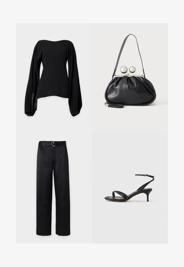 Schwarze schulterfreie Bluse mit weiten, fließenden langen Ärmeln und tailliertem Schnitt, dargestellt auf einem schlichten hellgrauen Hintergrund.; Schwarze weitgeschnittene Hose mit strukturierter Oberfläche, ausgestattet mit einem Gürtel mit einer runden silbernen Schnalle und minimalen Nähten.; Schwarze Ledersandale für Damen mit dünnen Riemchen, einer Zehenlasche, einer Knöchelschnalle und einem mittelhohen Stöckelabsatz vor neutralem Hintergrund.; Schwarze Ledertasche mit gerafftem Design, einem einzelnen Riemen, silbernem Metallrahmen und zwei großen runden silbernen Verschlüssen.