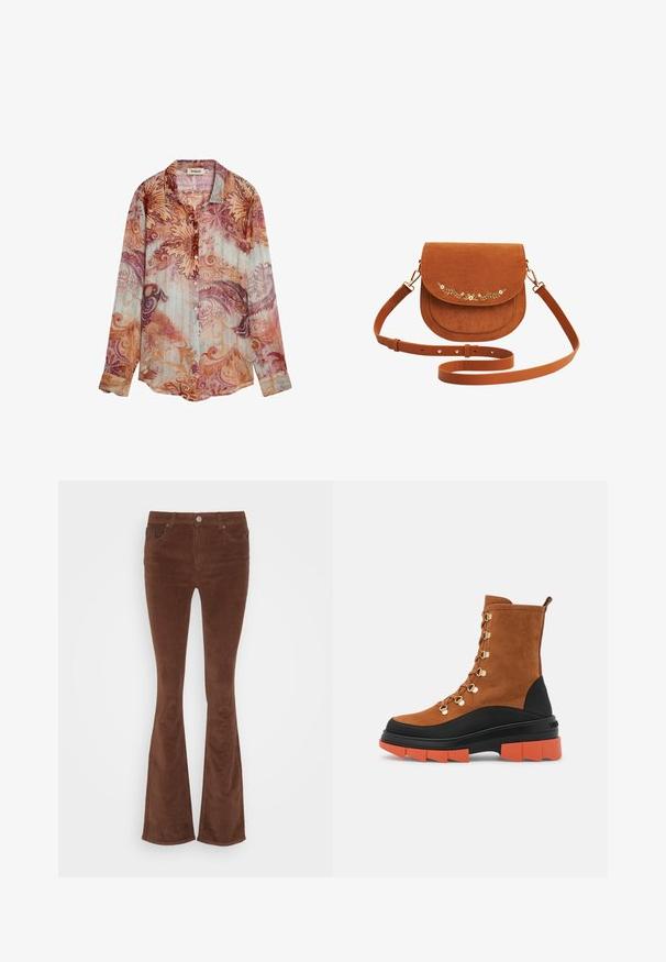 Langærmet skjorte med knapper og spids krave, med indviklede, abstrakte blomster- og paisleymønstre i nuancer af orange, pink og lilla.; Brune fløjl flared jeans med en glat overflade, fem lommer og en enkelt metalknap i taljen.; Brune ruskind ankelstøvler har guld hardware, en sort og orange chunky sål, samt et snørebåndsdesign med en bageste løftestrop.; Brun ruskind skuldertaske med justerbar rem og lille hvid blomstret broderi på frontklap.
