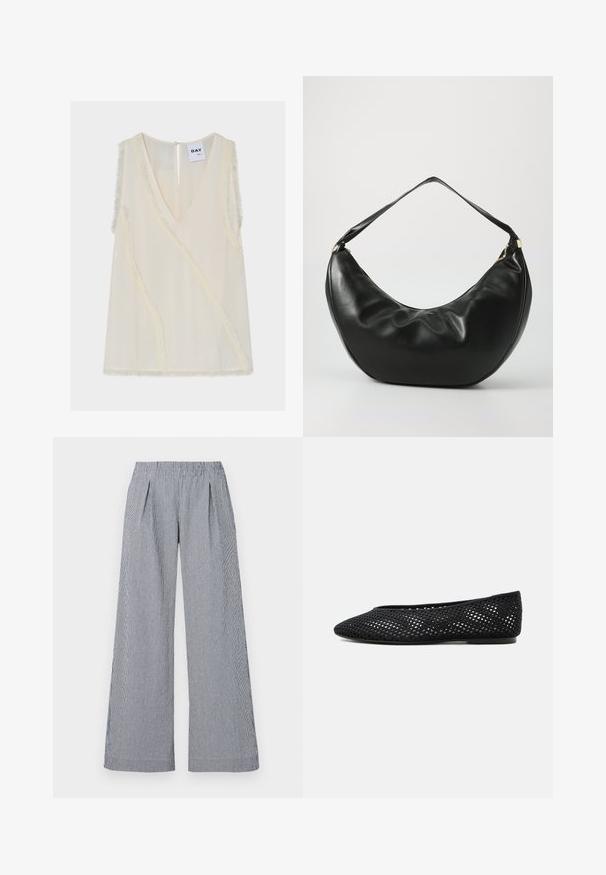Blusa sin mangas de color crema con escote en V, sutil ribete diagonal deshilachado y un pequeño cierre de botón en la parte trasera bajo la etiqueta con la inscripción DAY.; Pantalones de pierna ancha en tejido a rayas navy y blanco. Cuentan con una cinturilla elástica y dos pliegues frontales para un detalle adicional.; Zapato plano de malla negra con puntera cerrada y tacón bajo, con un diseño tejido transpirable y un logo lateral sutil.; Bolso de hombro de cuero negro con una forma curva, textura suave y una sola correa; cuenta con un zipper dorado y un branding sutil.
