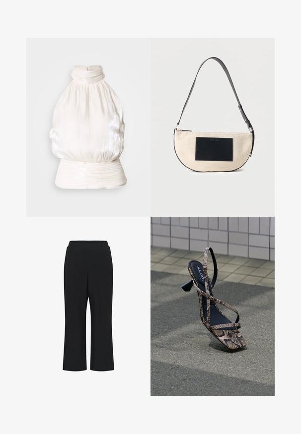 Haut à col licou blanc en tissu léger et brillant. Présente une texture froncée et une taille ajustée avec un design à col haut. Fermeture zippée au dos.; Pantalons en tissu extensible noir à jambe large, dotés d'une taille élastique pour le confort et sans fermetures ni poches visibles.; Sandale à talon haut à imprimé serpent marron avec design à brides croisées, bout carré et semelle intérieure noire texturée. Logo de la marque visible sur la semelle intérieure.; Sac à épaule beige en forme de demi-lune avec une sangle noire réglable et un patch rectangulaire noir à l'avant.