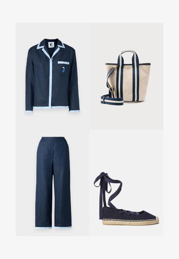 Marineblaues Leinenhemd mit hellblauem Kragen und Taschenbesatz. Verfügt über eine Brusttasche mit einem gestickten Design. Knopfverschluss auf der Vorderseite.; Navyweite Hosen aus Leinen mit elastischem Bund und kontrastierendem hellblauem Saum. Glatte Textur.; Marineblaue Canvas-Espadrilles mit runder Zehenpartie, Jutesohle und Stoffbändern zum Verschließen. Mit gewebten Details entlang des Sohlenrands.; Beige strukturierte Tragetasche mit navyblauen und weißen vertikal gestreiften Griffen sowie verstellbarem Schultergurt mit goldfarbenen Beschlägen.