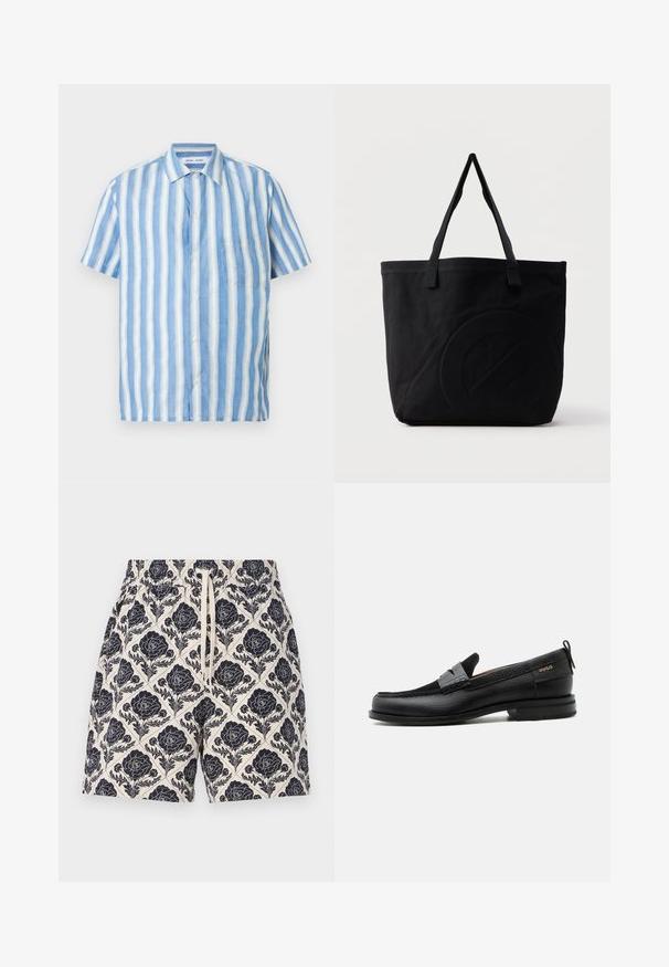 Camisa de manga corta en rayas verticales azul claro y blanco, confeccionada en lino con cuello pico y un bolsillo en el pecho.; Pantalones cortos impresos en crema con un diseño floral en azul marino, que cuentan con una cinturilla elástica y cordón, hechos de tela ligera.; Mocasín de cuero negro con detalle de tira gris, tacón bajo y suela texturizada, con la marca "HUGO" en oro en el lateral.; Bolsa tote de lona negra con dos correas para el hombro y un diseño circular en relieve sutil en el frente.