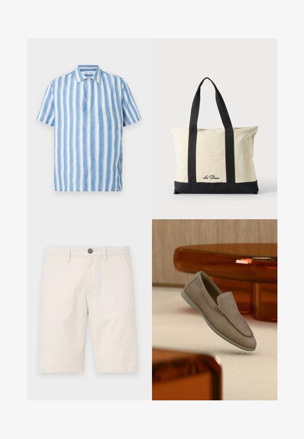 Kurzarmhemd mit hellblauen und weißen vertikalen Streifen, gefertigt aus Leinen, mit spitzem Kragen und einer einzelnen Brusttasche.; Helle beige Shorts aus Baumwolle mit geradem Schnitt, zwei seitlichen Taschen und einem einzelnen schwarzen Knopf am Bund.; Beiger Wildleder-Slipper mit sichtbarer Naht und heller Sohle, auf einem cremefarbenen Teppich platziert, mit orange-transparenten Möbeln im Hintergrund.; Canvas-Tragetasche mit langen schwarzen Griffen, schwarzem Bodenbesatz und Fronttasche mit "Les Deux" Logo in schwarzer Schrift.
