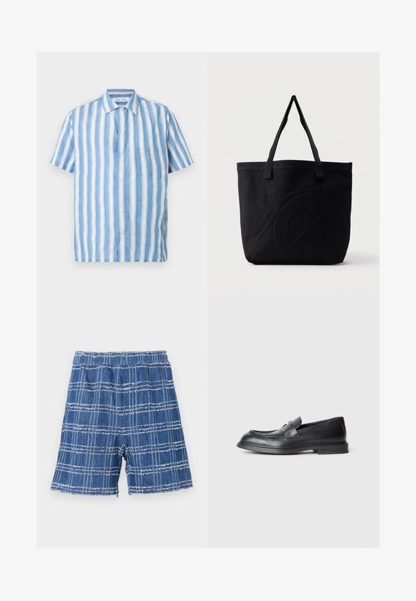 Kurzarmhemd mit hellblauen und weißen vertikalen Streifen, gefertigt aus Leinen, mit spitzem Kragen und einer einzelnen Brusttasche.; Denim-Shorts mit fransigem Saum, die ein blaues Karomuster aufweisen. Elastischer Bund, gerader Schnitt und weiche Textur.; Schwarze Lederloafer mit strukturierter Oberfläche, versehen mit einem dekorativen Frontriemen und einer abgerundeten Spitze. Gummisohle für Langlebigkeit.; Schwarze Canvas-Shopper-Tasche mit zwei Schulterriemen und einem dezenten, eingeprägten kreisförmigen Design auf der Vorderseite.