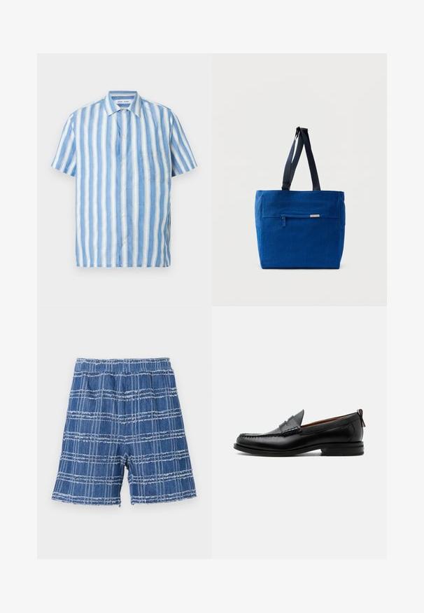 Korte mouwen overhemd in lichtblauw en wit met verticale strepen, gemaakt van linnen met een puntige kraag en een enkele borstzak.; Denim shorts met een rafelig zoom, met een blauw geruit patroon. Elastische tailleband, recht модел en zachte textuur.; Zwarte leren herensloffen met moc toe stiksel, pennyriem, gestructureerde kraag en lage gestapelde hak op witte achtergrond.; Blauwe canvas boodschappentas met een voorvak met rits, dubbele schouderbanden en een rechthoekige vorm. Heeft een subtiel merklabel.