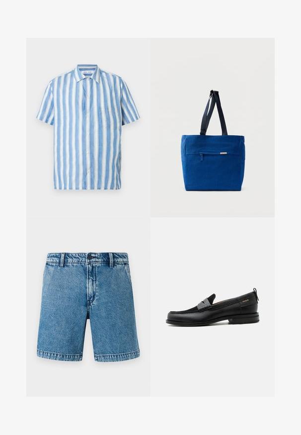 Lühikeste varrukatega särk helesiniste ja valgete vertikaalsete triipudega, valmistatud linast, terava krae ja ühe rinnataskuga.; Heledad sinises denim lühikesed püksid, millel on mugav lõige. Omab standardset viie-tasku disaini, nupukinnitust ja lõikeääred koos kerge haardega.; Must nahast loafer halli rihma detailiga, madala kand ja tekstuurse tallaga, külgedel kuldse "HUGO" brändiga.; Sinine lõuendist õlakott esiktasku, topeltrihmade ja ristkülikukujulise kujundusega. Omab diskreetset brändi sildi detaili.