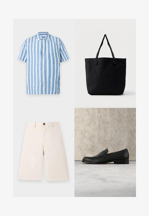 Chemise à manches courtes à rayures verticales bleu clair et blanc, en lin, avec col pointu et une poche poitrine unique.; Shorts en coton beige au design droit, dotés d'une fermeture par bouton et de passants de ceinture. Texture lisse sans motifs ni accents.; Mocassin en cuir noir flottant au-dessus d'un tapis beige avec une table ronde brune brillante en arrière-plan.; Sac fourre-tout en toile noire avec deux bandoulières et un motif circulaire discret en relief sur le devant.