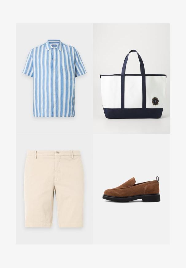 Chemise à manches courtes à rayures verticales bleu clair et blanc, en lin, avec col pointu et une poche poitrine unique.; Shorts en coton beige avec une taille plate, une fermeture éclair, un bouton et des poches latérales. Texture lisse et design longueur genou.; Chaussures slip-on en daim marron, à bout rond, avec une semelle en caoutchouc noire et un petit talon. Équipées d'une couture décorative sur le dessus.; Sac fourre-tout en toile blanche avec des accents bleu marine. Dispose de deux poignées robustes et d'un écusson logo à l'avant. Forme rectangulaire.