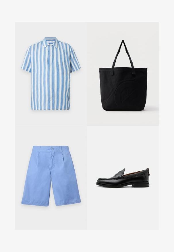 Chemise à manches courtes à rayures verticales bleu clair et blanc, en lin, avec col pointu et une poche poitrine unique.; Shorts bleu clair en coton, avec une fermeture à boutons, deux poches avant, une coupe décontractée, et des plis sur le devant.; Mocassin homme en cuir noir avec couture moc toe, bride penny, col texturé et petit talon empilé sur fond blanc.; Sac fourre-tout en toile noire avec deux bandoulières et un motif circulaire discret en relief sur le devant.