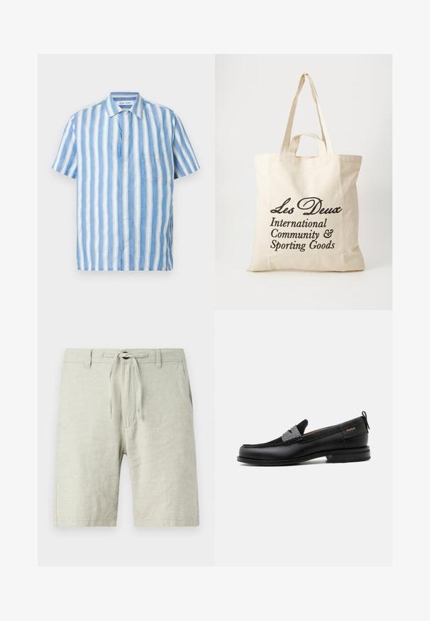 Kurzarmhemd mit hellblauen und weißen vertikalen Streifen, gefertigt aus Leinen, mit spitzem Kragen und einer einzelnen Brusttasche.; Helle graue Leinen-Shorts mit elastischem Kordelzugbund, Seitentaschen und lockerer Passform. Texturiert mit leichtem Schimmer.; Schwarzer Lederloafer mit grauem Riemendetail, niedrigem Absatz und strukturierter Sohle, seitlich mit „HUGO“ in Gold gebrandmarkt.; Beige Baumwolltragetasche mit zwei stabilen Tragegriffen. Mit schwarzem Drucktext: "Les Deux International Community & Sporting Goods."
