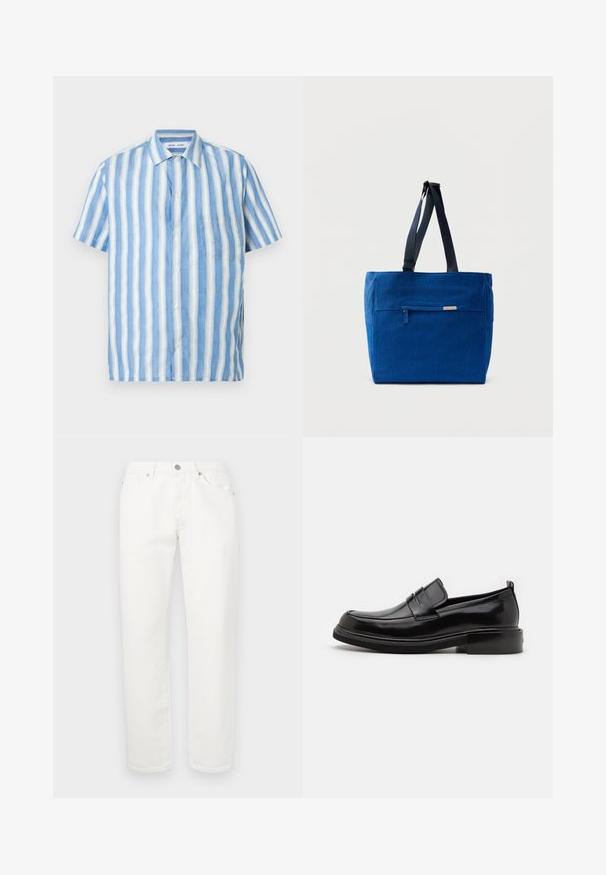 Camisa de manga corta en rayas verticales azul claro y blanco, confeccionada en lino con cuello pico y un bolsillo en el pecho.; Pantalones de mezclilla blanca con un diseño de pierna recta. Presenta un clásico diseño de cinco bolsillos, cierre de botón metálico y una ligera textura.; Calvin Klein MOCCASIN - Mocasines elegantes - black; Bolsa de lona azul con un bolsillo frontal con cremallera, correas dobles para el hombro y forma rectangular. Cuenta con una etiqueta de marca sutil.