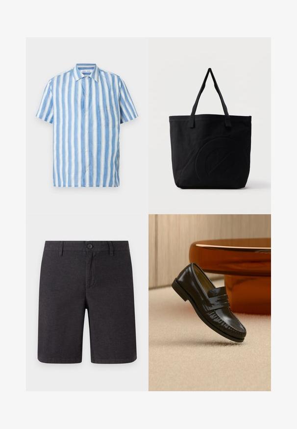 Chemise à manches courtes à rayures verticales bleu clair et blanc, en lin, avec col pointu et une poche poitrine unique.; Shorts gris foncé en tissu tissé, dotés d'une fermeture à bouton, de passants de ceinture et d'une coupe droite, avec des ourlets nets et des poches latérales.; Mocassin en cuir noir brillant avec un détail de bride, posé sur un tapis beige près d'une table basse ronde en bois brun dans une pièce doucement éclairée.; Sac fourre-tout en toile noire avec deux bandoulières et un motif circulaire discret en relief sur le devant.