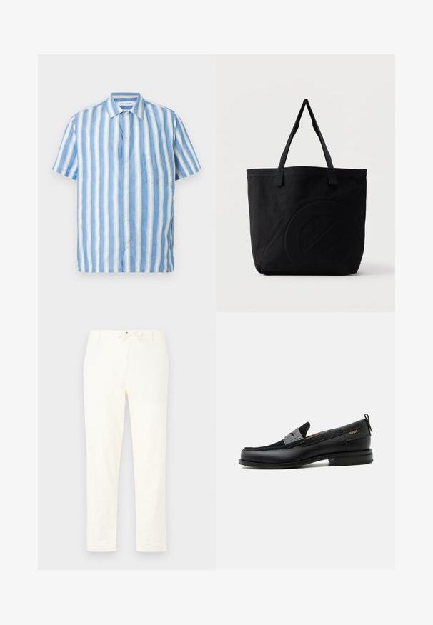 Kurzarmhemd mit hellblauen und weißen vertikalen Streifen, gefertigt aus Leinen, mit spitzem Kragen und einer einzelnen Brusttasche.; Weiße, leichte Leinenhosen mit einem Kordelzugsbund. Gerades Bein, minimale Textur und keine sichtbaren Muster oder Metallteile.; Schwarzer Lederloafer mit grauem Riemendetail, niedrigem Absatz und strukturierter Sohle, seitlich mit „HUGO“ in Gold gebrandmarkt.; Schwarze Canvas-Shopper-Tasche mit zwei Schulterriemen und einem dezenten, eingeprägten kreisförmigen Design auf der Vorderseite.