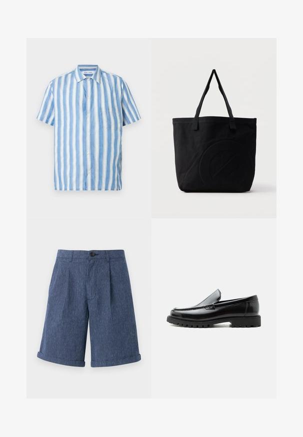 Kurzarmhemd mit hellblauen und weißen vertikalen Streifen, gefertigt aus Leinen, mit spitzem Kragen und einer einzelnen Brusttasche.; Blaue, strukturierte Shorts mit dezentem Streifenmuster, ausgestattet mit einem einzigen Knopfverschluss und umgeschlagenen Säumen.; Schwarzer Lederloafer mit grober Gummisohle, genähter Oberseite und geprägtem Markennamen an der Ferse, seitlich auf weißem Hintergrund gezeigt.; Schwarze Canvas-Shopper-Tasche mit zwei Schulterriemen und einem dezenten, eingeprägten kreisförmigen Design auf der Vorderseite.