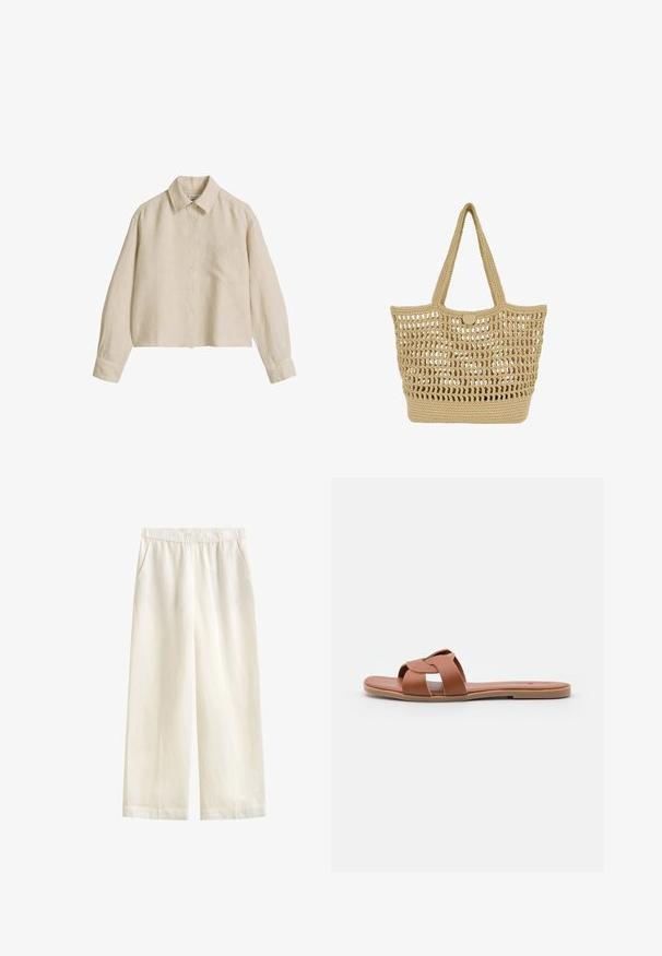 Beige linnen overhemd met lange mouwen, knopen aan de voorkant, borstzak aan de linkerzijde, klassieke kraag en geribde manchetten met knopen.; GANT BLEND PULL ON PANTS - Broek - eggshell; Bruine platte sandaalslippers van soepel leer met een kruissprayontwerp, met een vlakke zool en een minimalistische stijl.; Beige geweven tote tas met open gebreid patroon, stevige bodem, twee schouderriemen en kleine ronde knoopsluiting bovenaan in het midden.