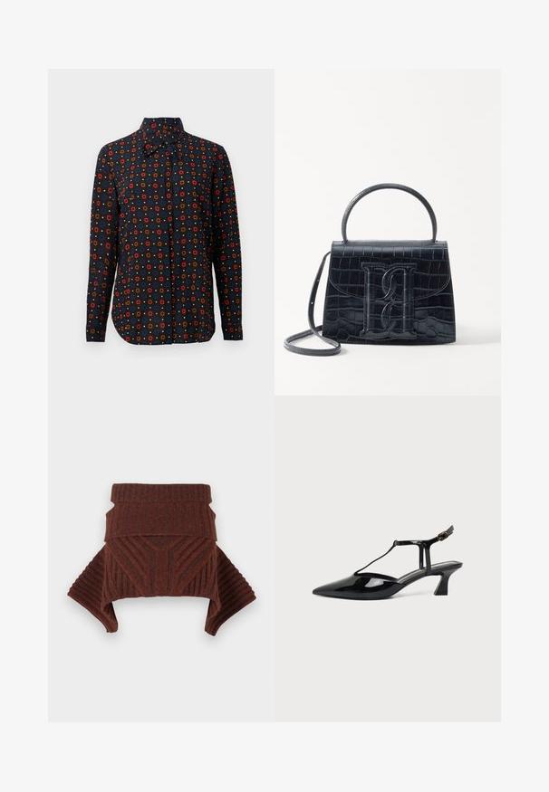 Langærmet skjorte lavet af stof med en sort baggrund, der har et gentaget blomstermønster i røde, blå og brune nuancer. Spids krave.; Brun strikket sweater med ribbet tekstur, strukturerede skuldre og høj krave. Designet indeholder geometriske mønstre og nedhængte ærmer.; Sort lakeret læder damesko med lav hæl, slingback, spids tå og tynd rem med lille spænde.; Sort krokodillede læderhandbag med en struktureret design, top-håndtag, justerbar rem og et fremtrædende frontlogo.