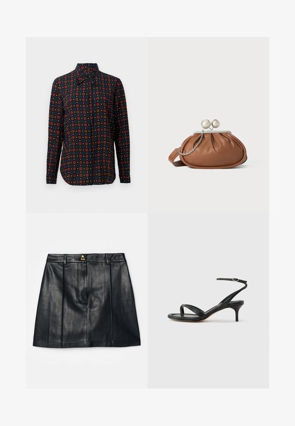 Langærmet skjorte lavet af stof med en sort baggrund, der har et gentaget blomstermønster i røde, blå og brune nuancer. Spids krave.; AERON RUDENS SKIRT - A-snit nederdel - black; Sort damesandal i læder med tynde remme, en tå-loop, ankelspænde og en mellemhøj stiletthæl på en neutral baggrund.; Brun læder clutch-pung med sølv kugleklap og en lille sølv kædedetalje på en hvid baggrund.