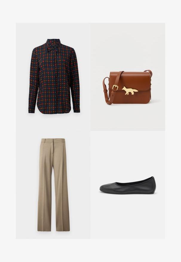 Chemise à manches longues en tissu avec un fond noir, ornée d'un motif floral répétitif dans des teintes rouges, bleues et brunes. Col pointu.; Pantalons large en tissu brun clair. Ils présentent une texture lisse, des plis bien pressés et une ceinture à l'avant plate.; Ballerines en cuir noir avec un bout rond, texture lisse, détails de couture minimalistes et design de semelle flexible.; Sac bandoulière en cuir marron avec sangle réglable et fermoir en forme de renard doré sur le rabat avant.